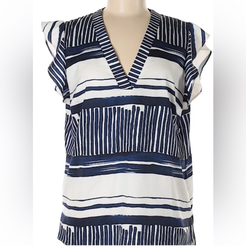 Navy and White Striped V-Neck Blouse